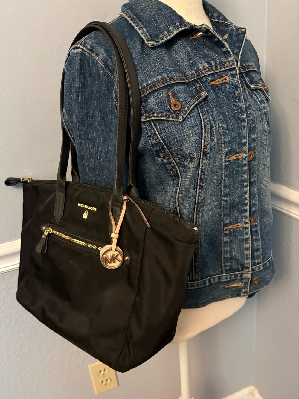 Michael Kors Black Shoulder Tote with Gold Accents